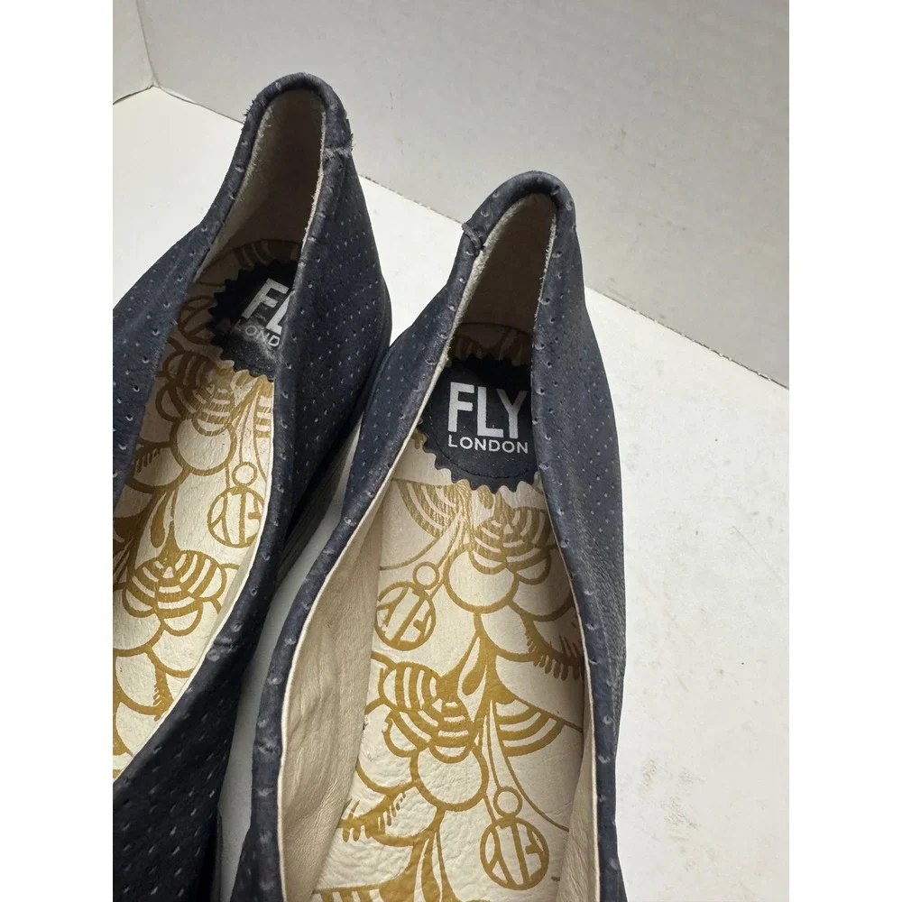 Fly London Yaya Navy Blue Perforated Leather Peep Toe Wedge Sandals 40 9